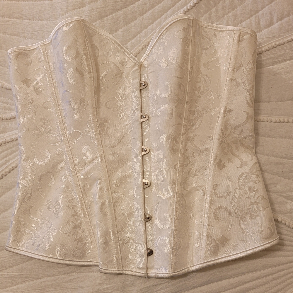 White Sexy Corset Tapestry  Strapless Bra, Tie Back. Front with modern hooks
